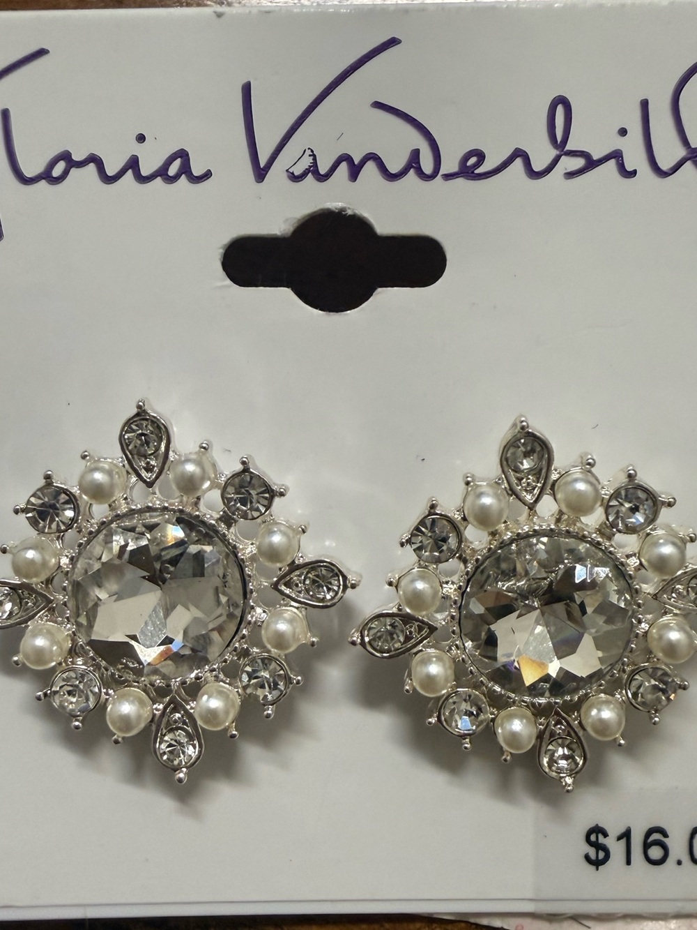 Gloria Vanderbilt Silver and White Crystal Pearl Sunburst Earrings